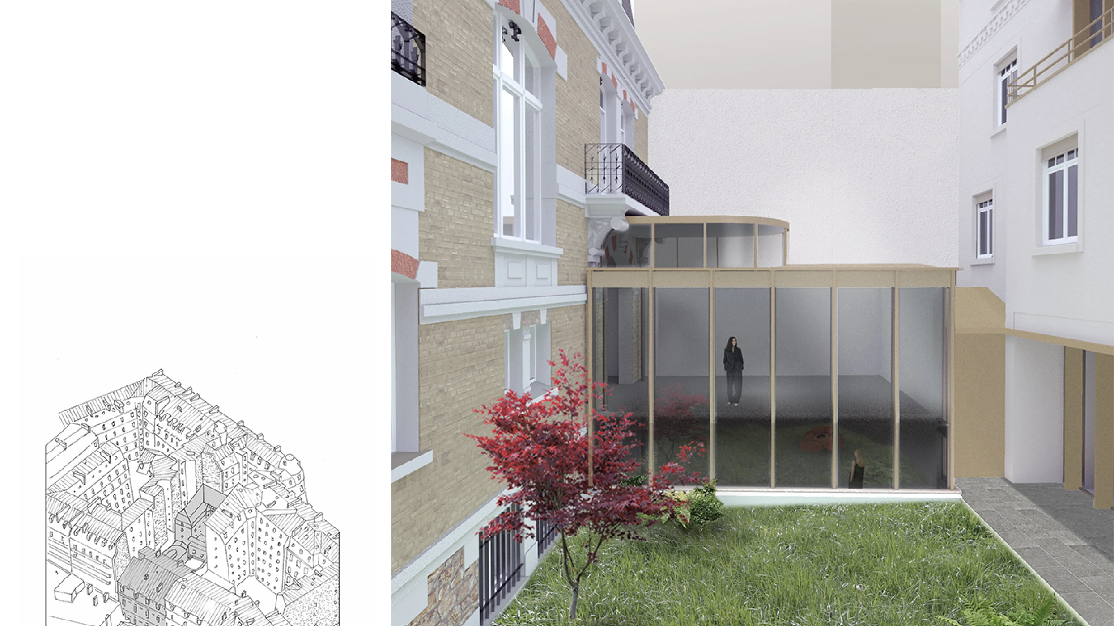 perspective de la cour intérieure et l'extension de l'ambassade