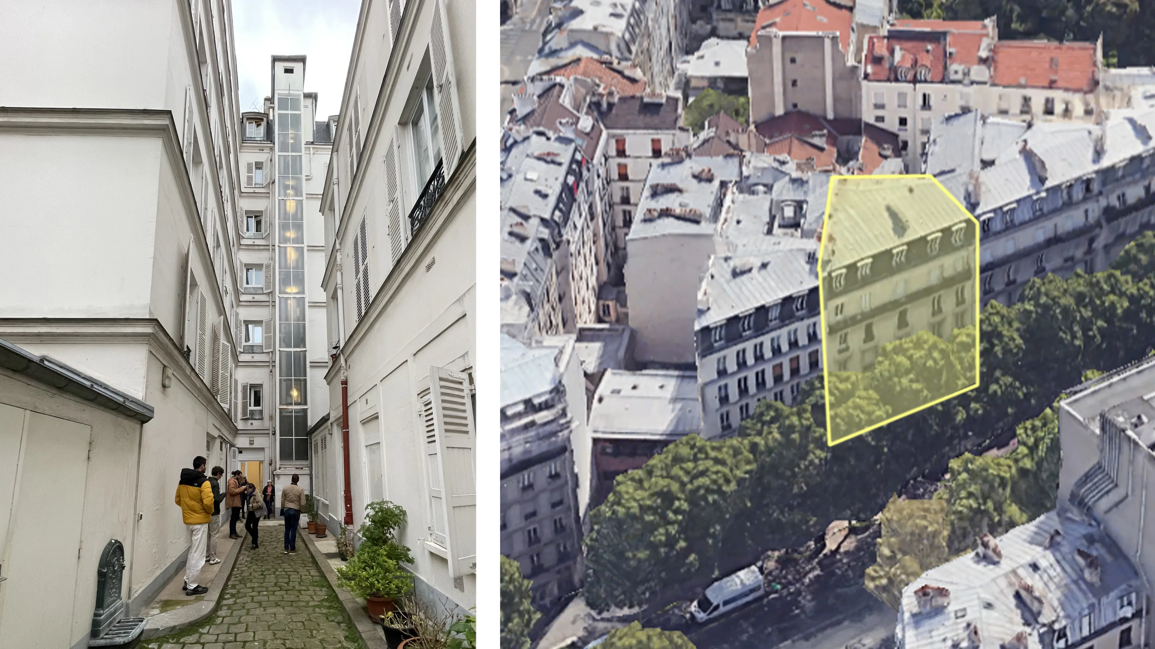 image de la cour et image google earth 3D de la situation de l'immeuble