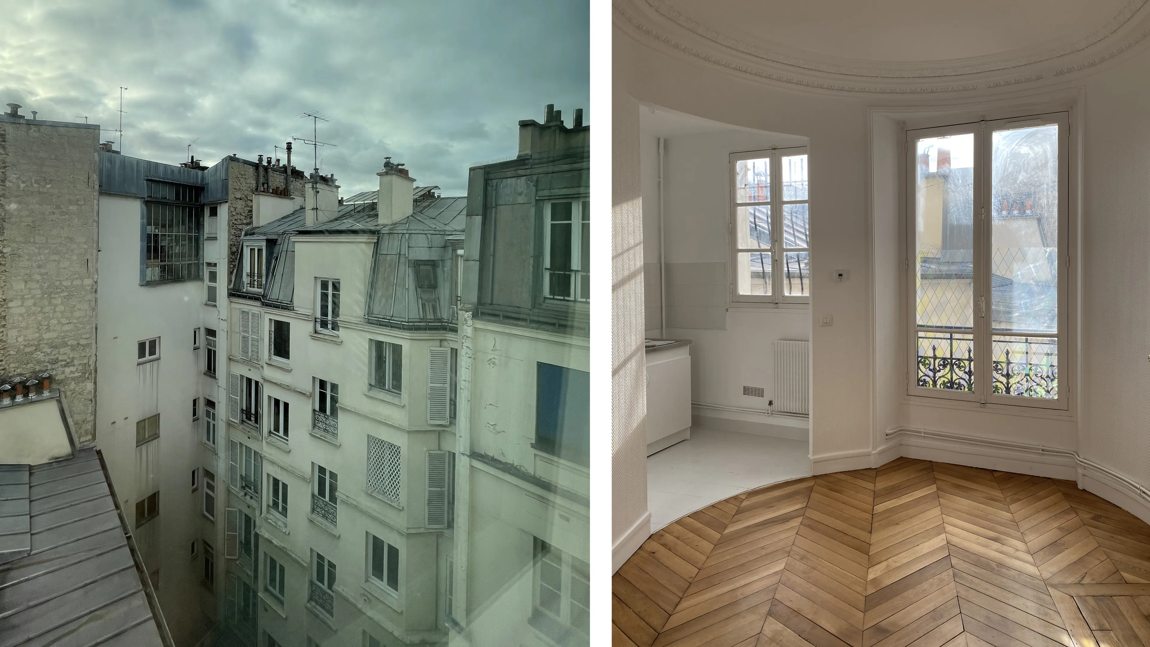 image de la cour et image de l'intérieur d'un des logements