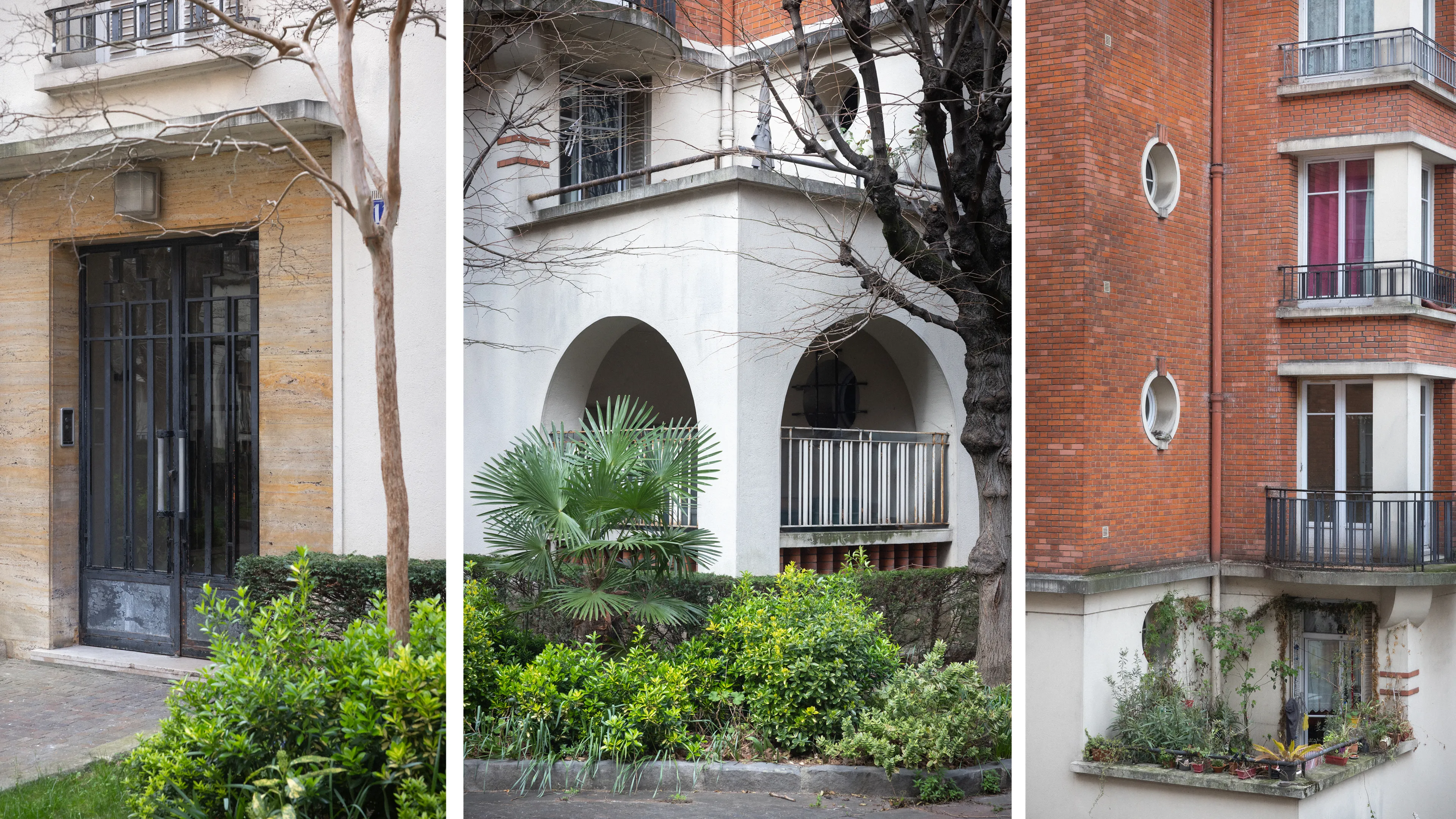 composition de trois images, détail du portail, et deux terrasses en premier étage